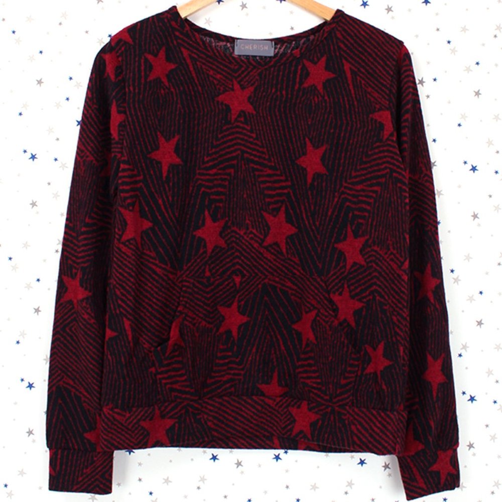 Star Print Brushed Knit Sweater Top Red Burgundy